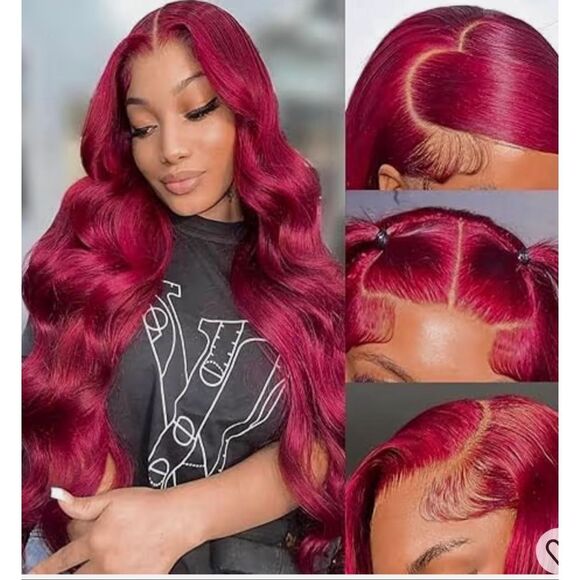99j Burgundy Lace Front Wig remi Human Hair 22” 13x4 Body Wave Frontal Pre Pluck - Picture 2 of 11